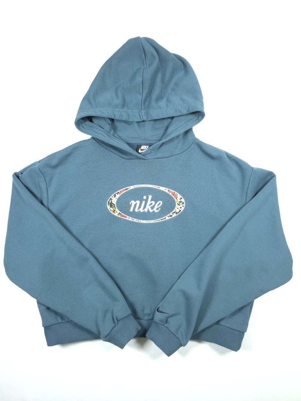 Nike Womens Ash Teal Cropped Hoodie Sweatshirt Floral Oval Spellout Size Medium